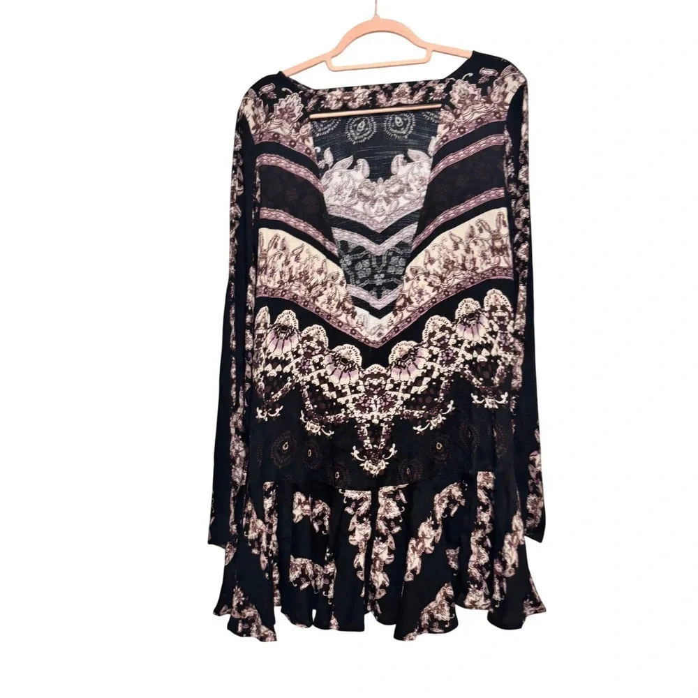 Free People Black Paisley Open Back Tiered Ruffle Tunic‎ Dress Top Womens Medium